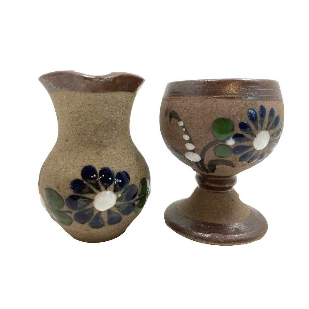 Vintage Mexico Tonala Hand Painted Floral Pottery Mini Bud Vase ‎ 2.75